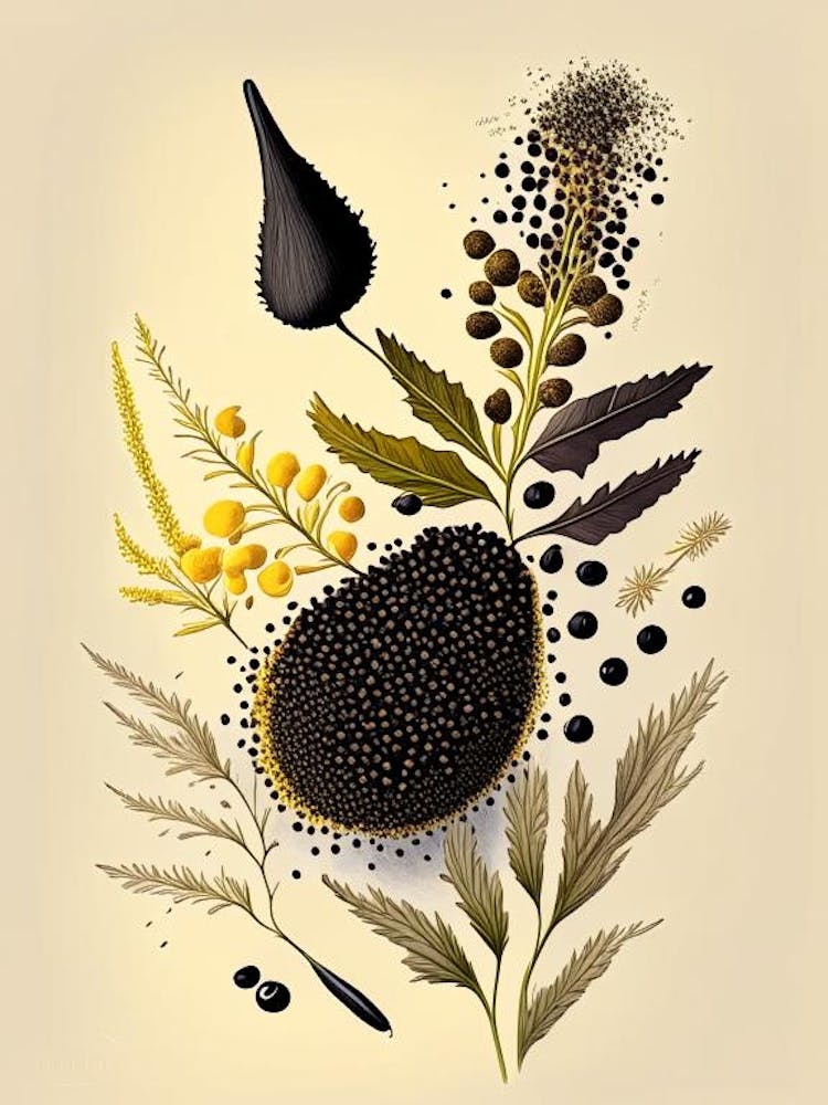Black Mustard Seeds Spices And Herbs Retro Drawing 3