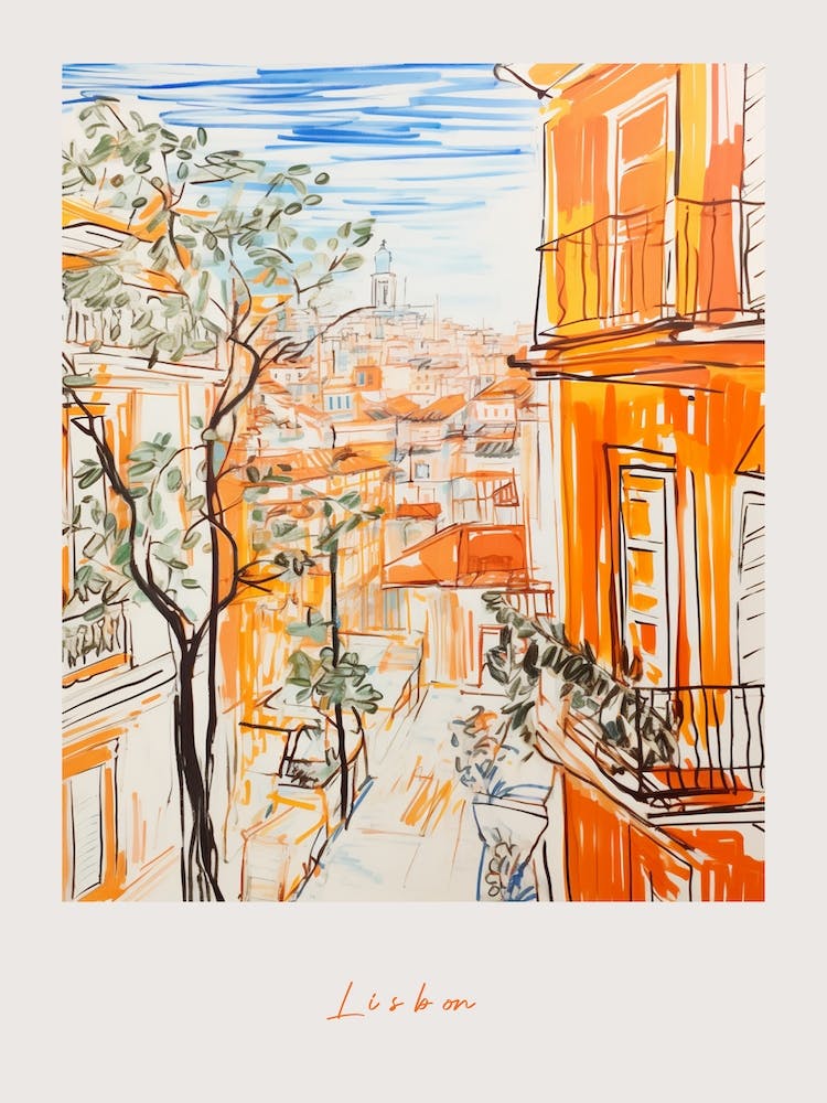 Lisbon Portugal 2 Orange Drawing Poster