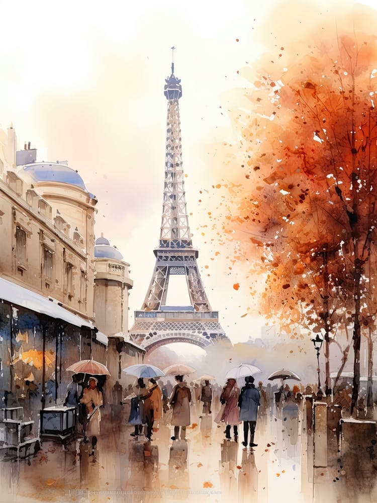 Paris France In Autumn Fall, Watercolour 4