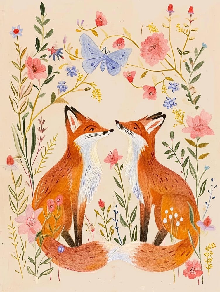 Folksy Floral Animal Drawing Fox 5