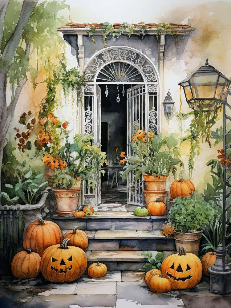 Door with Halloween decorations - watercolor 1