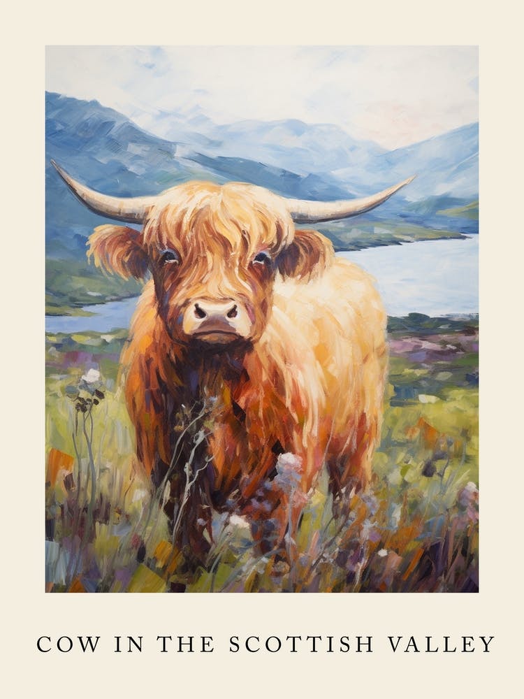Brushstroke Impressionism Style Painting Of A Highland Cow In The Scottish Valley Poster 3