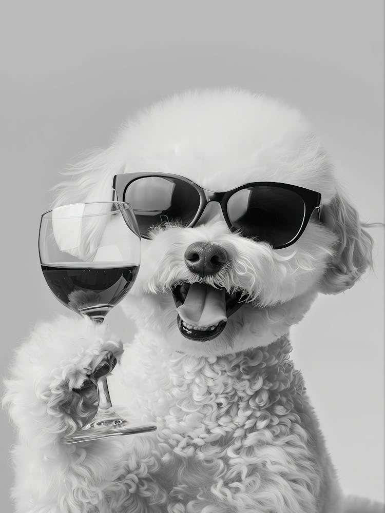 Bichon Frise Holding Wine Wall Art, Black And White Print, Bichon Gift, Alcohol Print, Bar Cart Art, Funny Dog Poster, Kitchen Wall Decor