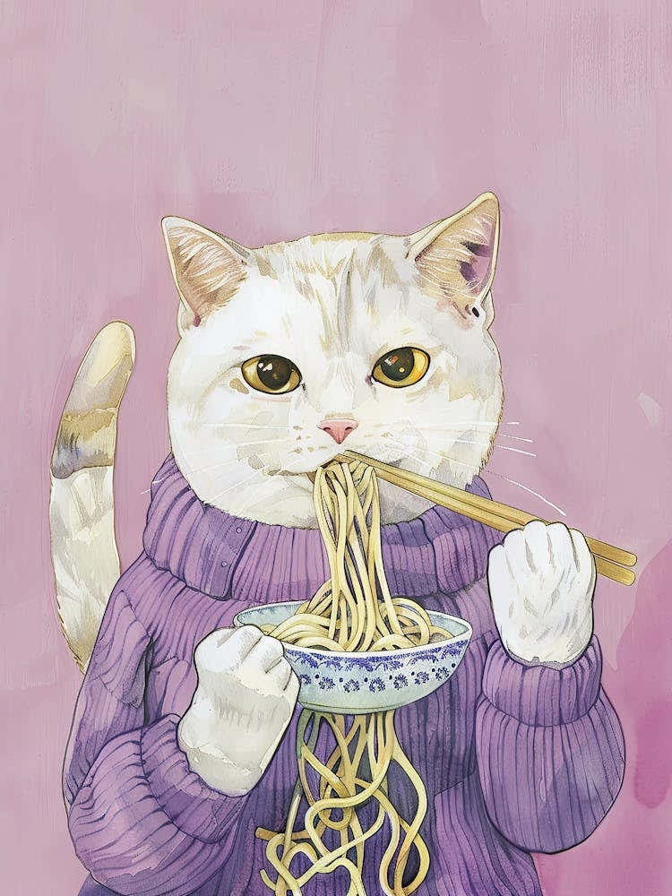 Cute White Cat Pasta Lover Folk Illustration 1