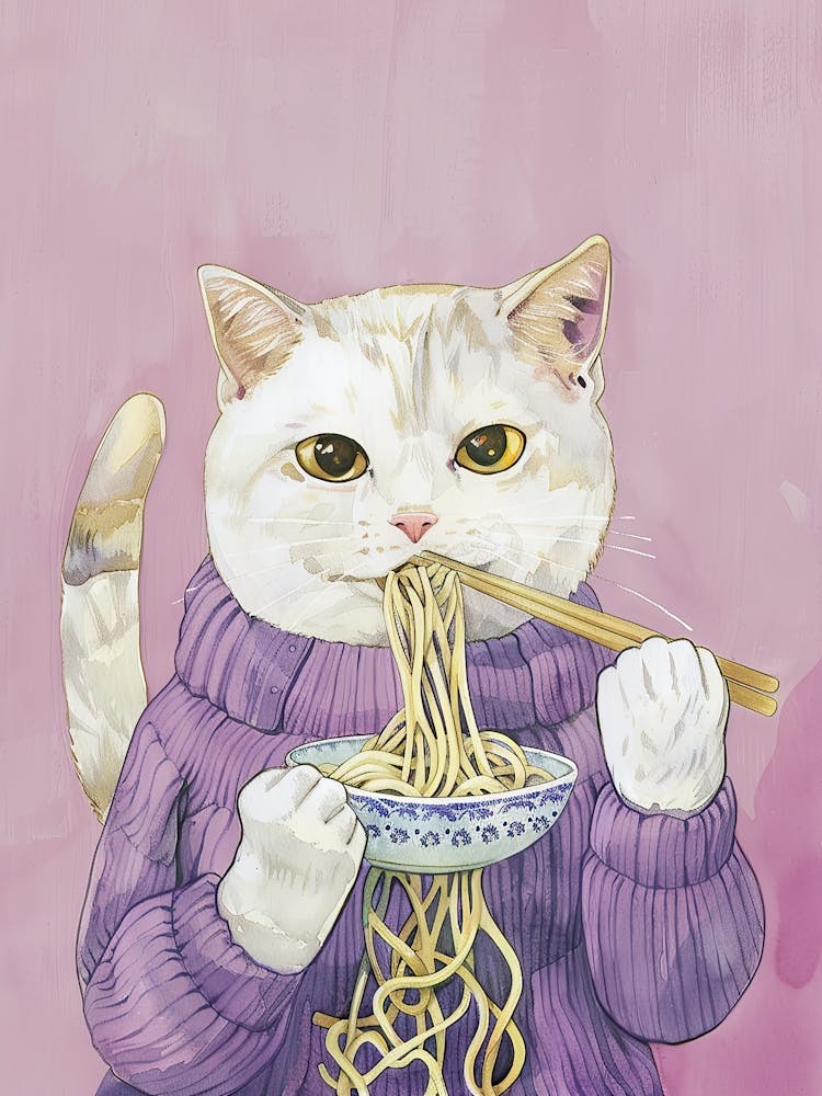 Cute White Cat Pasta Lover Folk Illustration 1