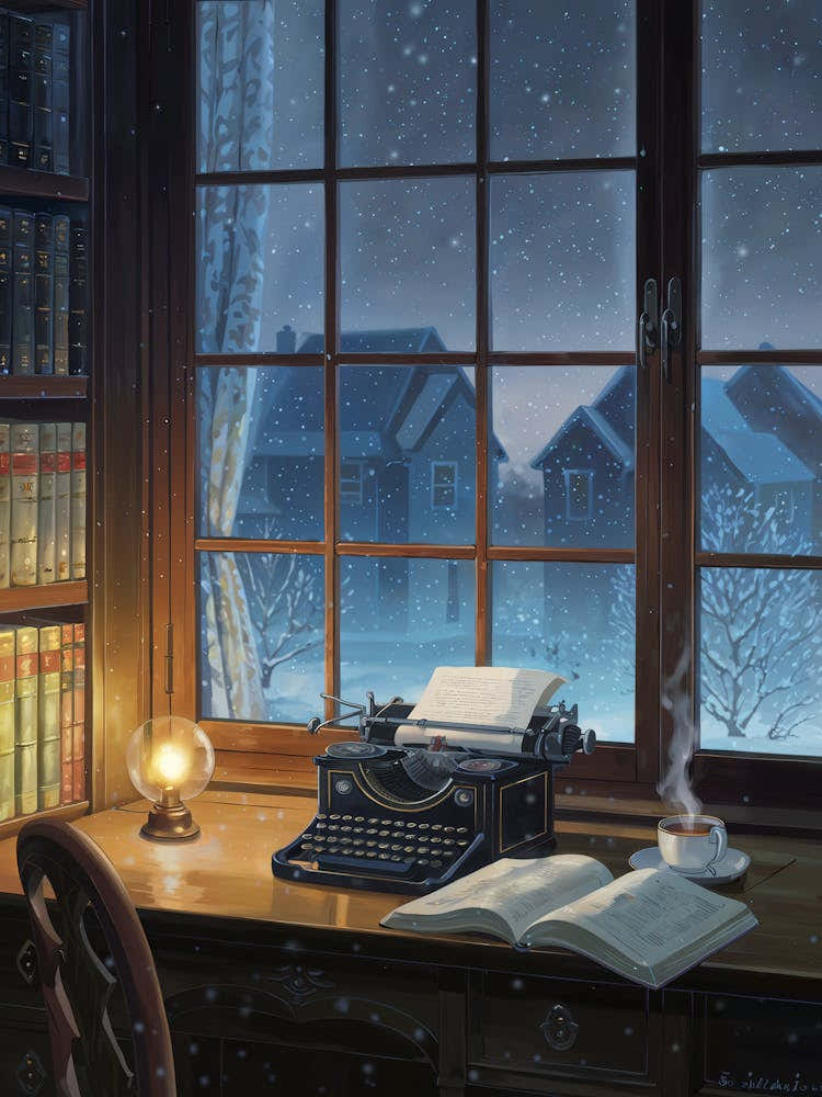 Anime Canvas Art: Cozy Writer’s Desk with Typewriter and Snowy Window View, Perfect for Lofi Aesthetic and Nostalgic Art Lovers.