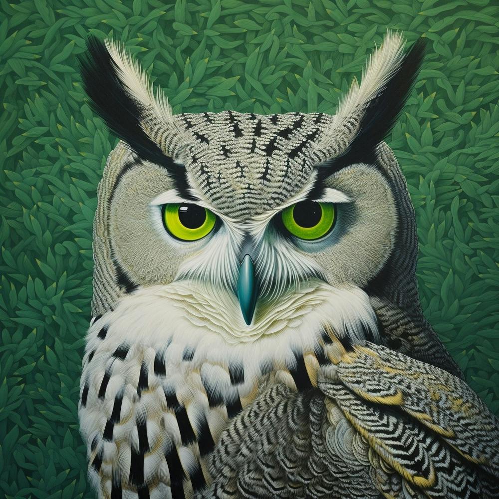 Ohara Koson Inspired Bird Painting Great Horned Owl 4 Square