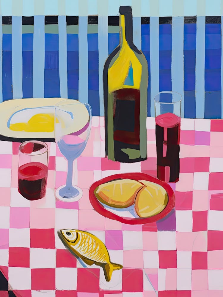 Painting Of A Table With Food And Wine, French Riviera View, Checkered Cloth, Matisse Style 9