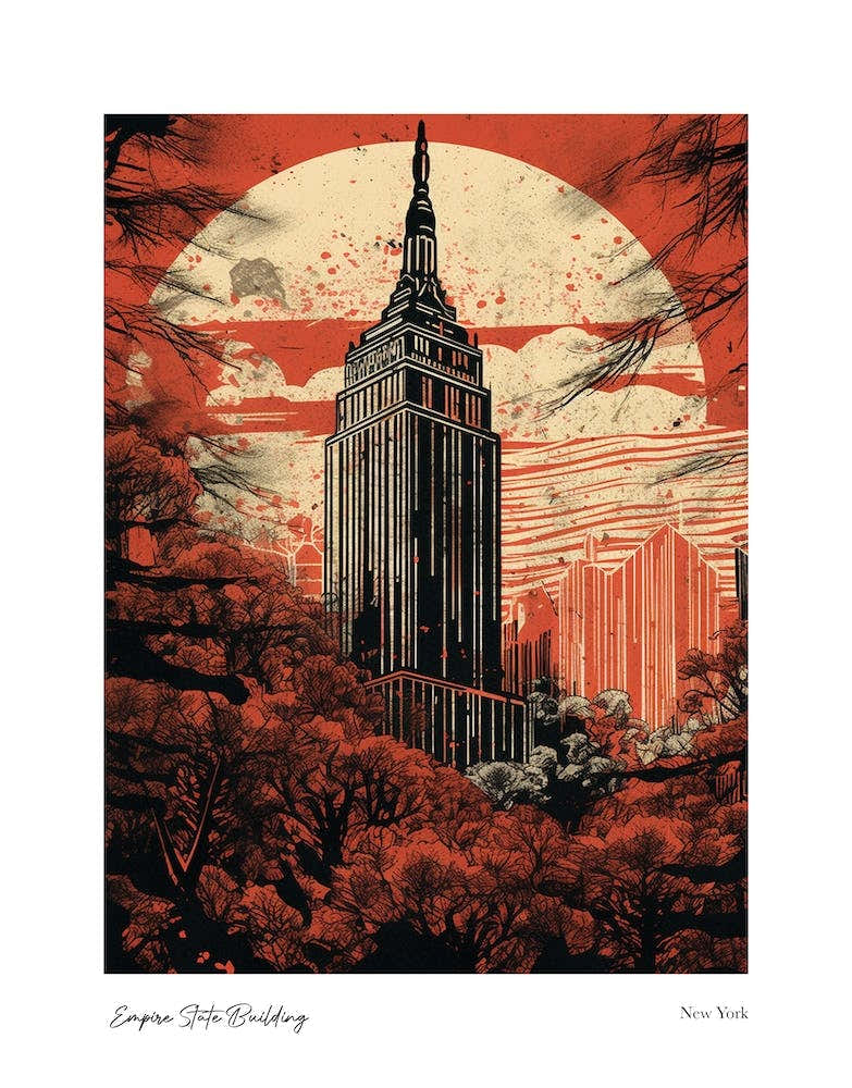 Empire State Building  New York Woodblock 4 Watercolour Travel Poster