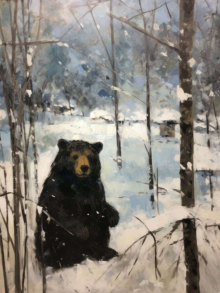 Vintage Winter Animal Painting Black Bear 2