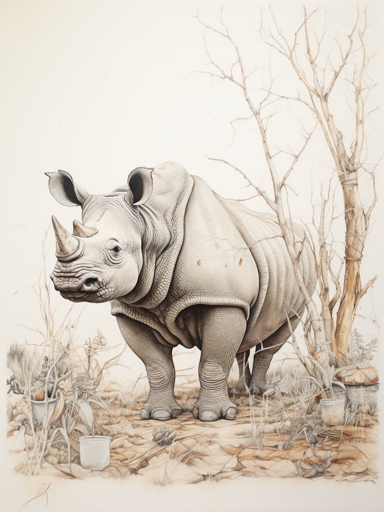 Rhino By The Trees Vintage Illustration 1