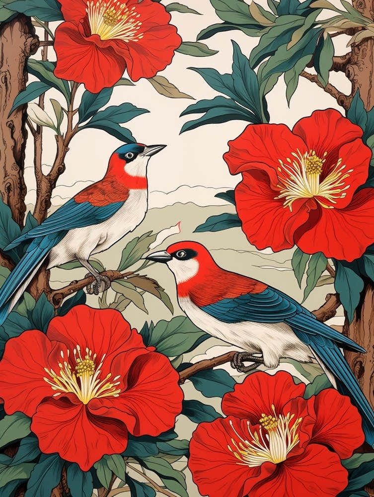 Camellia And Birds Vintage Japanese Botanical