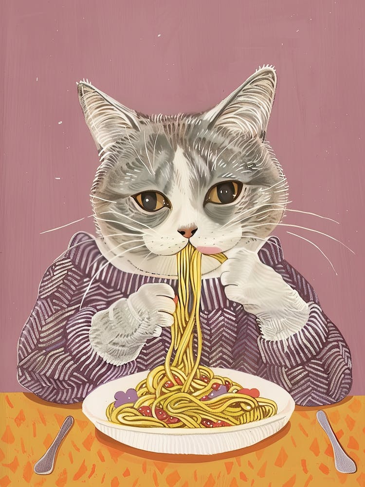 Cute Grey White Cat Eating Pasta Folk Illustration 3