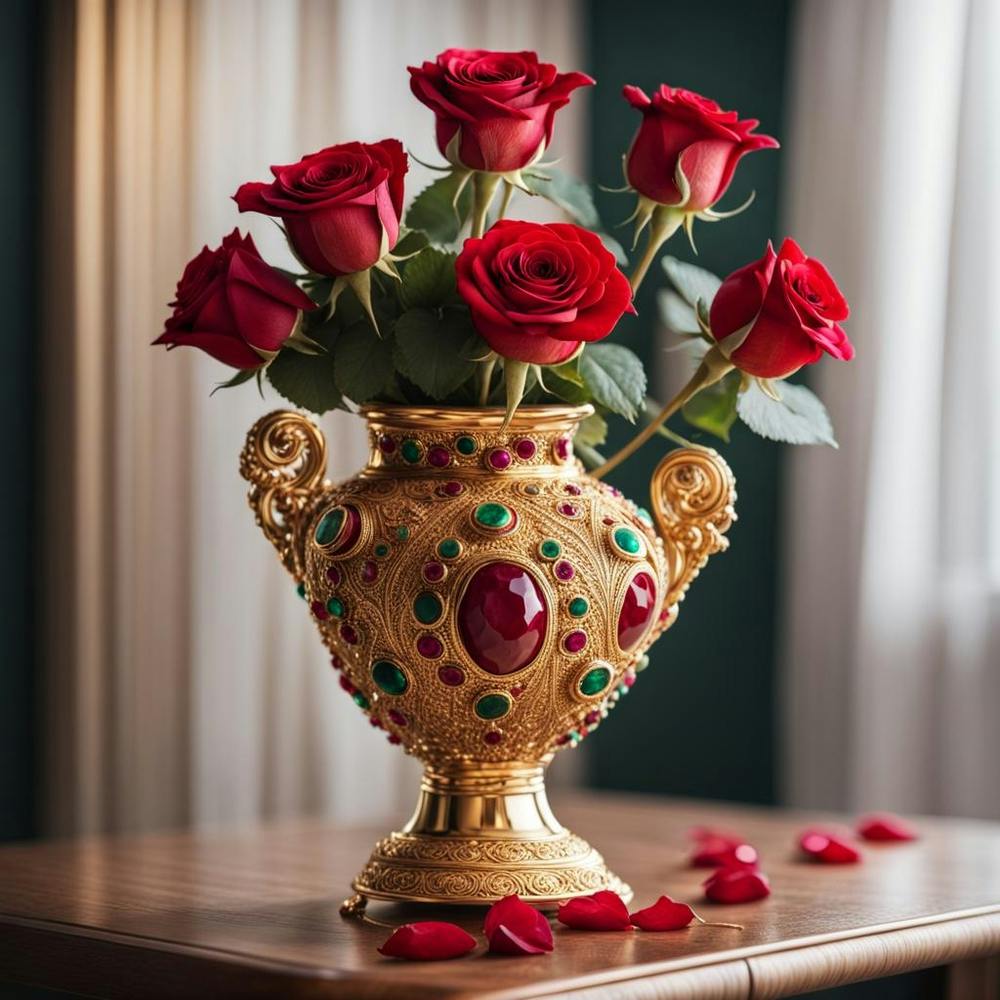 Gold Vase With Red Roses