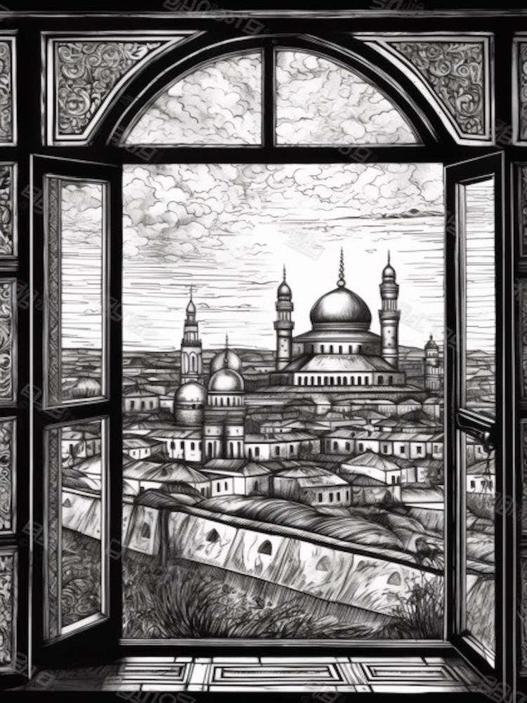 Window View Of Moscow Russia   Black And White Colouring Pages Line Art 2