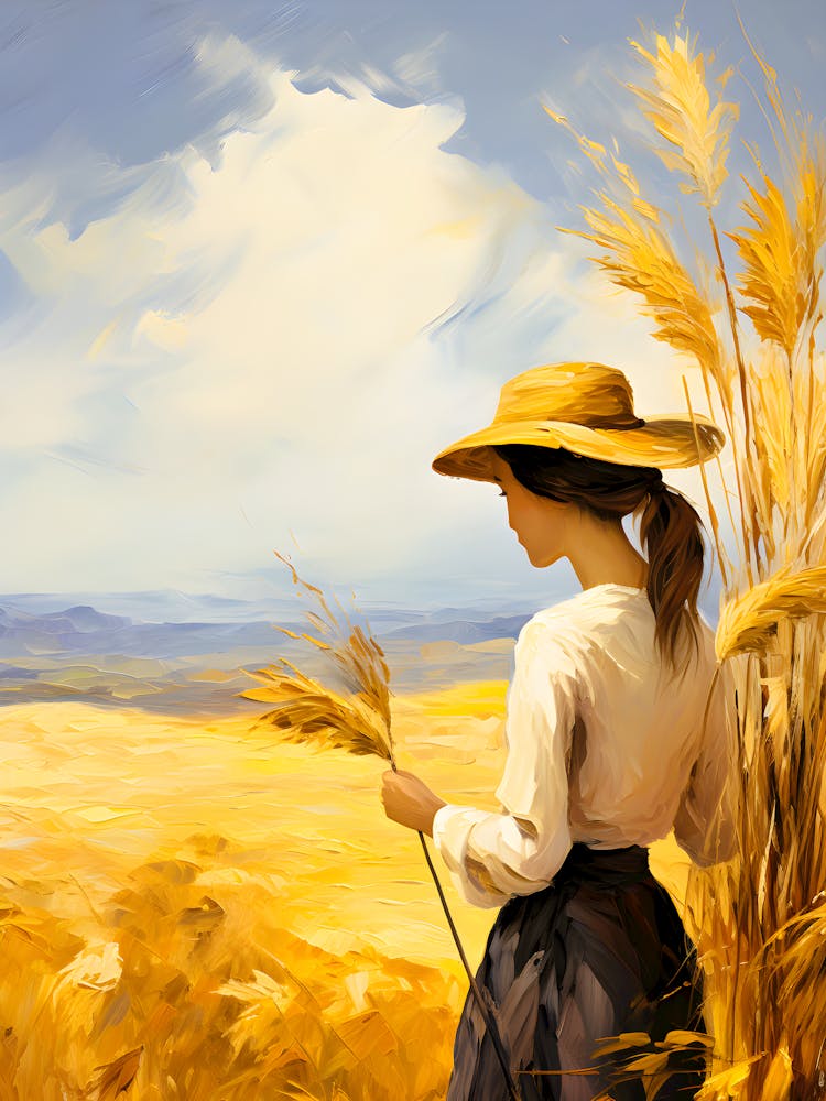 Rustic Farmhouse Wall Art Woman In Wheat Field Country Landscape Painting Golden Harvest Decor