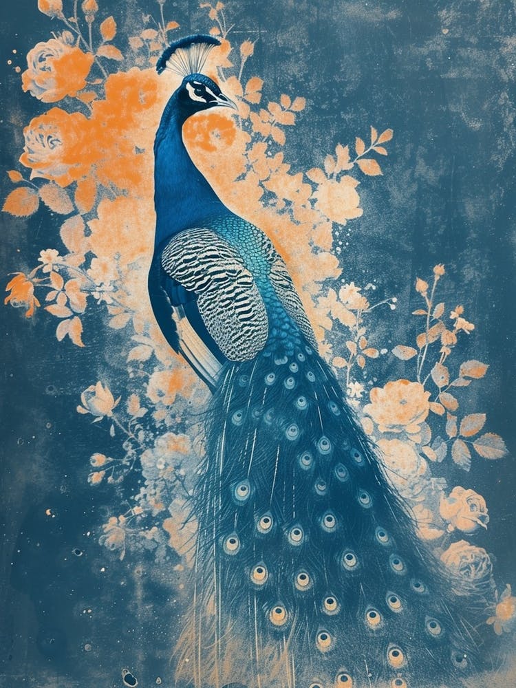 Orange & Navy Blue Floral Cyanotype Inspired Peacock 2