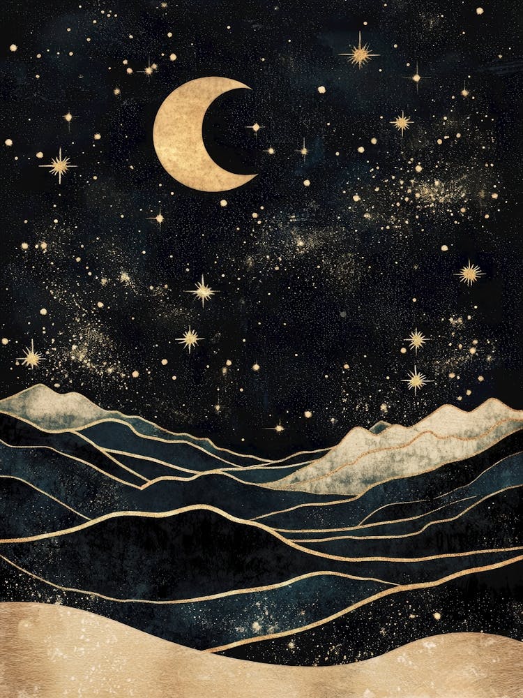 Golden crescent over night peaks – deep indigo, metallic gold – mystic modern aesthetic – digital mixed media with shimmer textures – echoes Art Deco elegance – fantasy night-sky art – perfect for living rooms, cozy nooks, or moody interiors