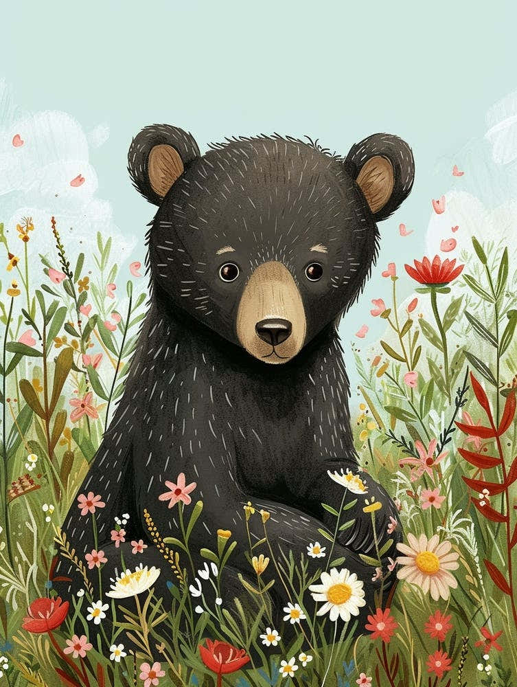 American Black Bear Cub In A Field Of Flowers Storybook Illustration 2