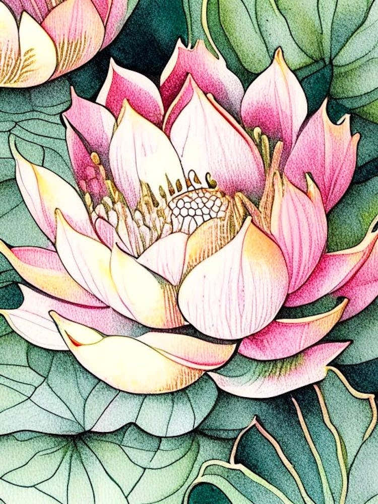 Lotus Flower Repeat Pattern Watercolour Ink Pencil 1