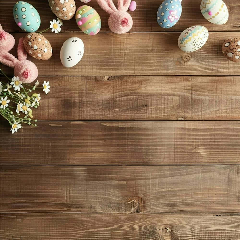 Easter Themed Wooden Table From Above Featuring Eggs
