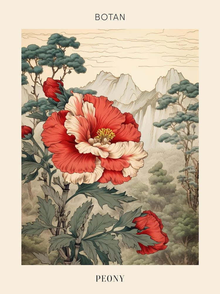 Botan Peony 3 Japanese Botanical Illustration Poster