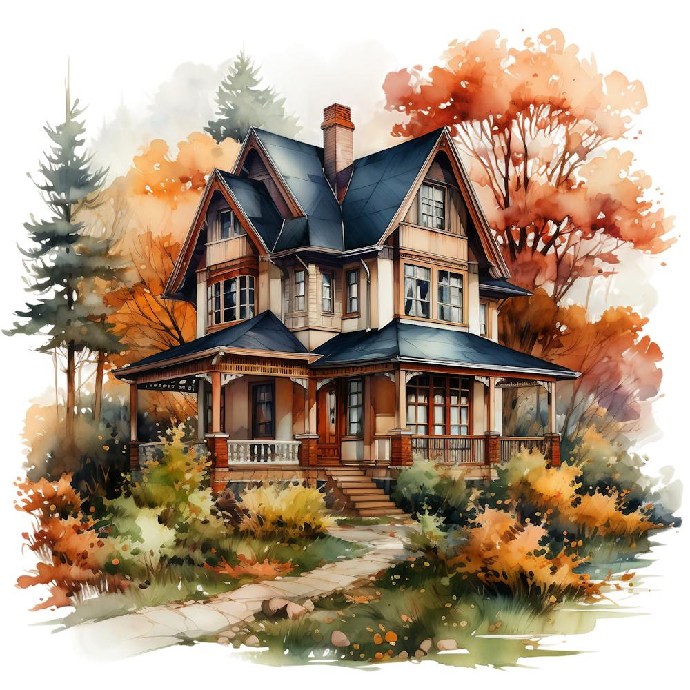 Watercolor House In Autumn 2