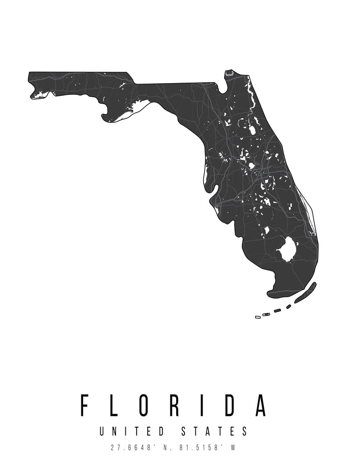 Florida Mono Black And White Modern Minimal Street Map