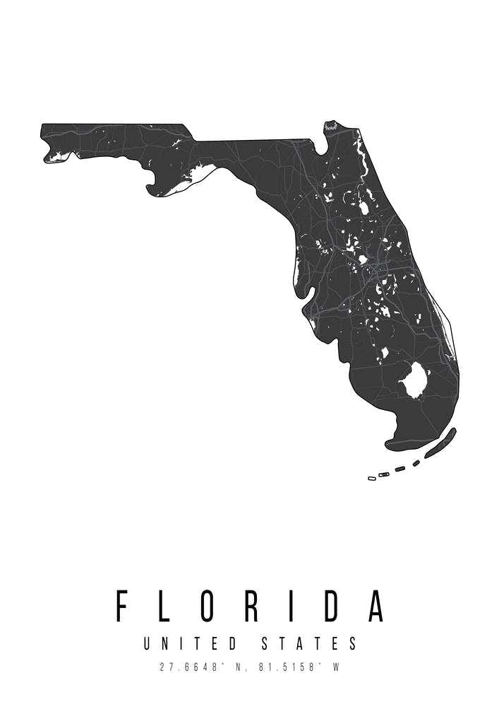 Florida Mono Black And White Modern Minimal Street Map