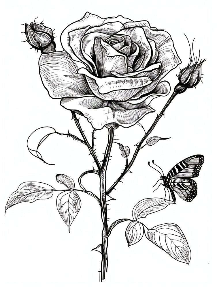 Butterfly Rose Line Drawing 4