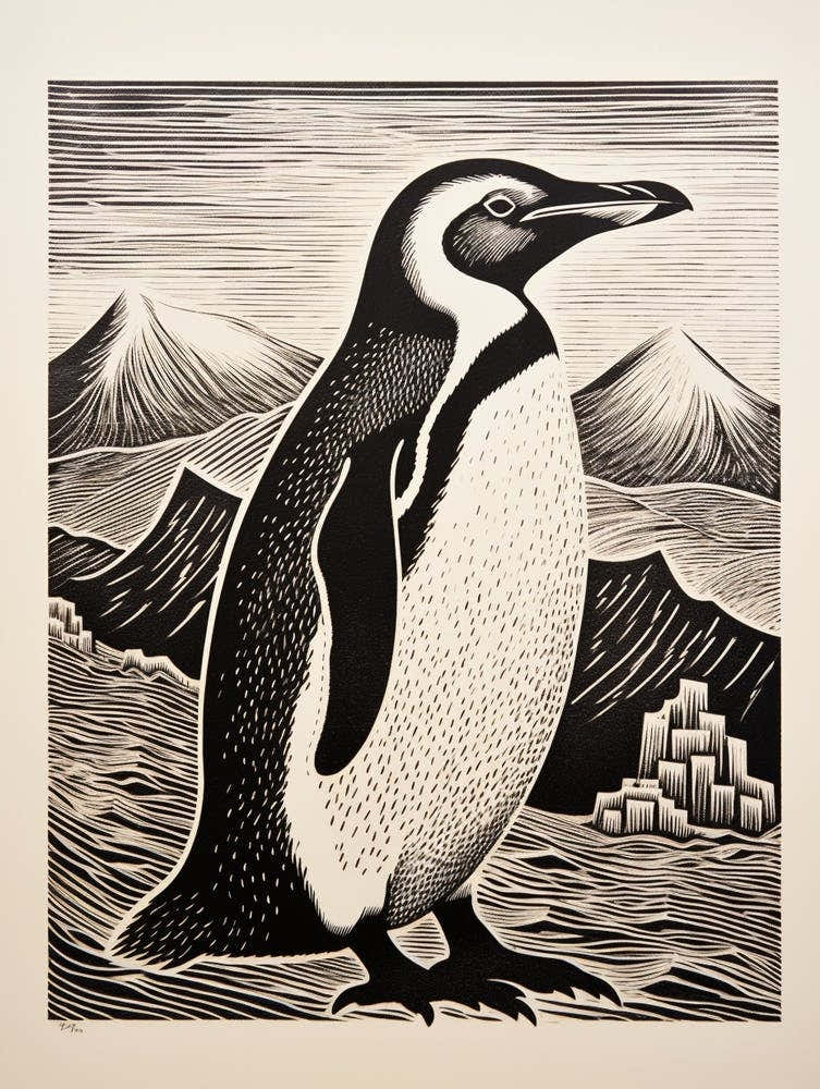 B&W Bird Linocut Penguin 1