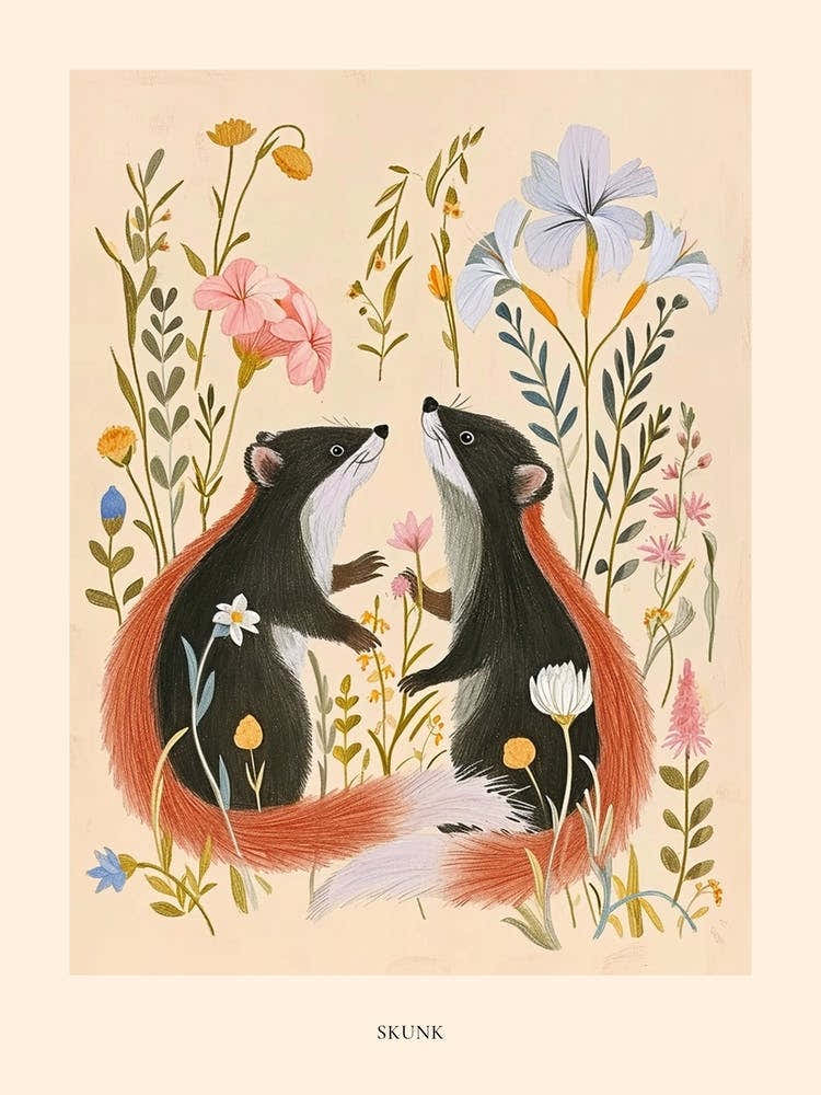 Folksy Floral Animal Drawing Skunk 2 Poster