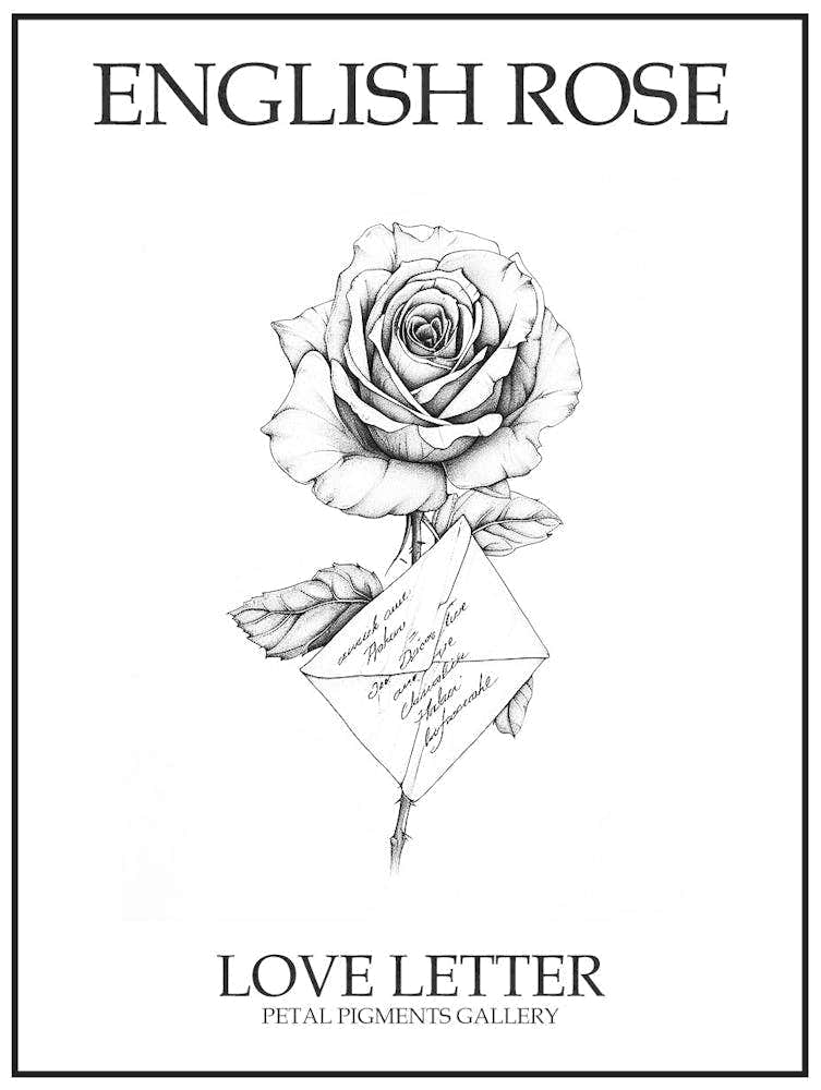 English Rose Love Letter Line Drawing 3 Poster