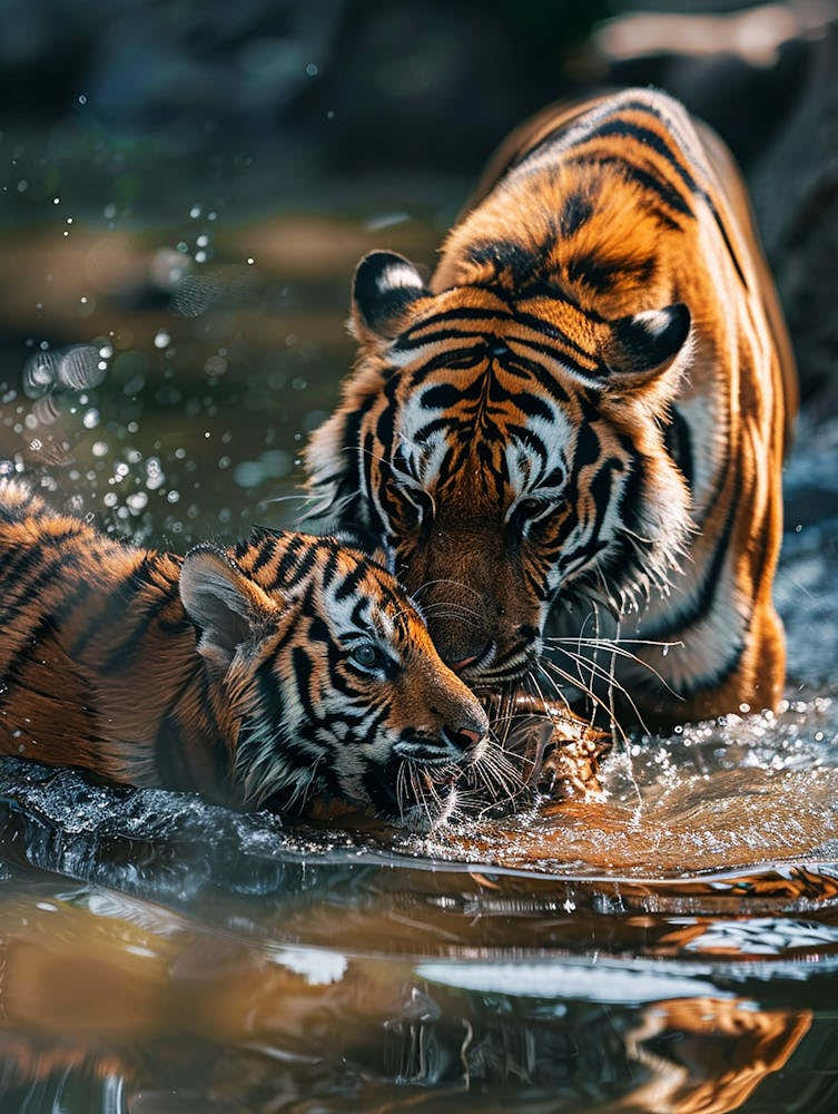 Tiger Cubs Playing In Water