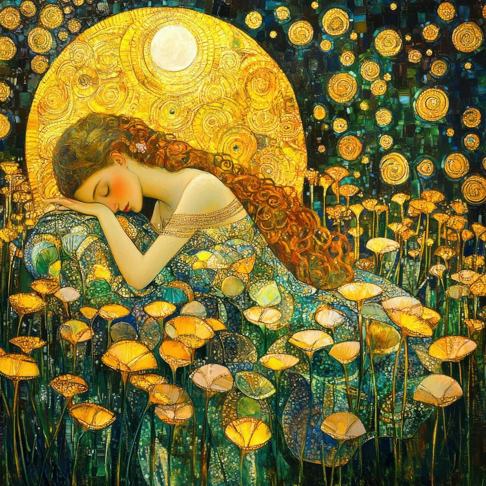 Goddess of the Moon resting in a field of golden lilies, Klimt style.