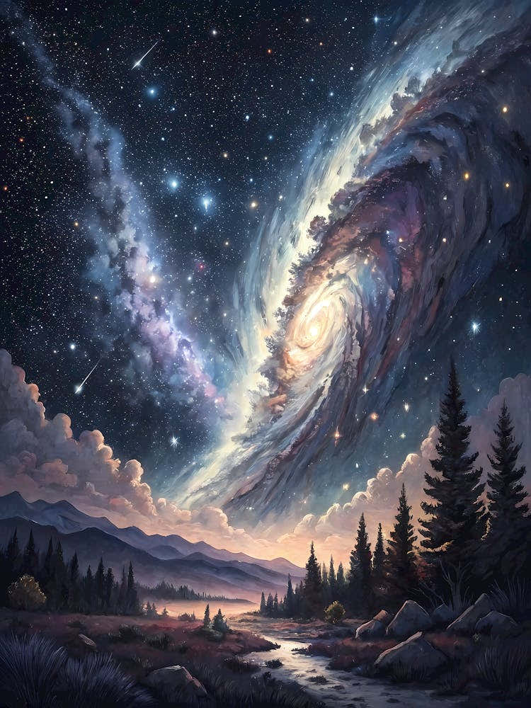 Textured Milky Way Landscape Oil Painting