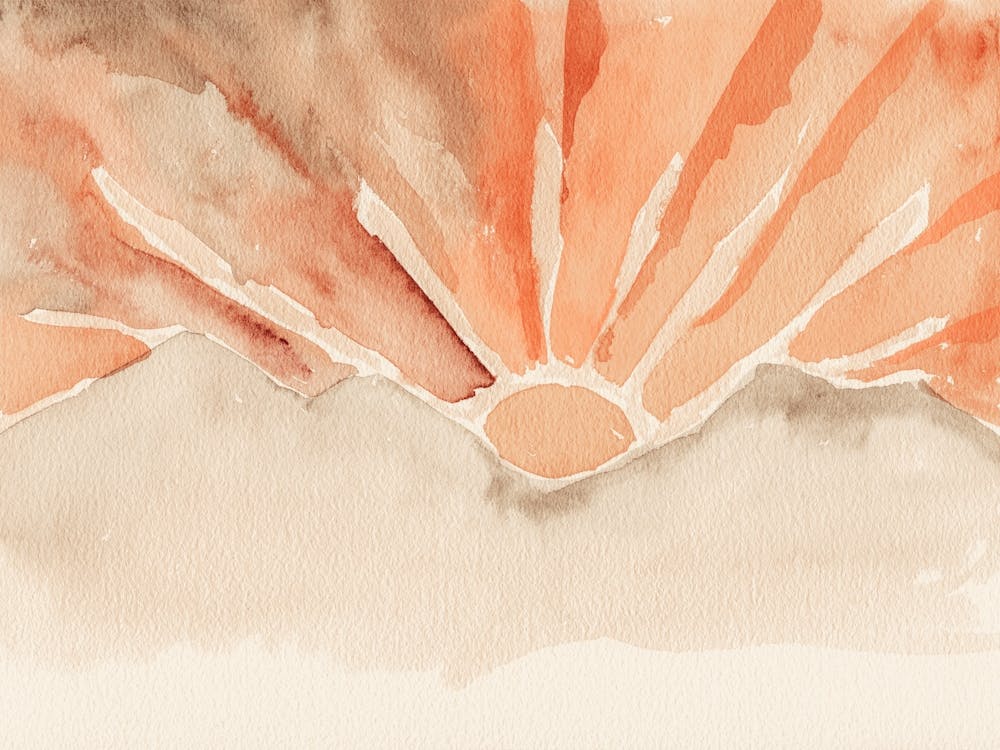 Warm Tones Mountain Sunset, Watercolor Sun