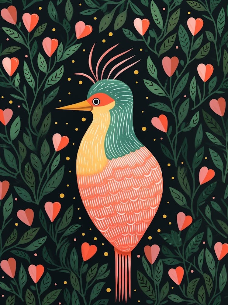 Linocut Style Bird With Hearts & Lines