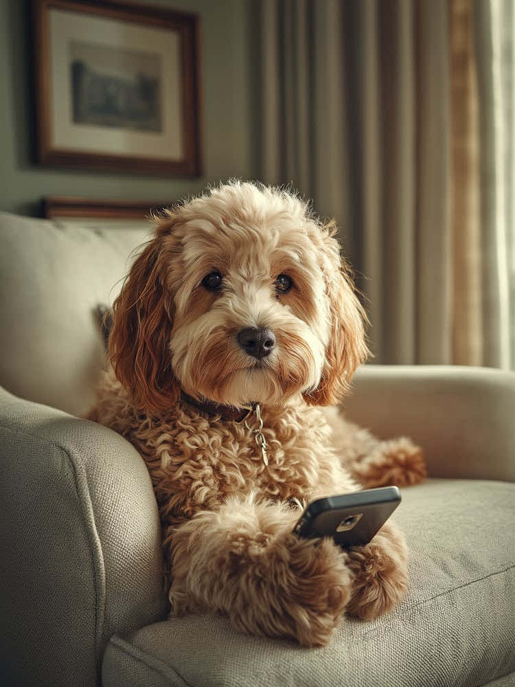 A Small Cockapoo Sits Comfortably and Using Phone