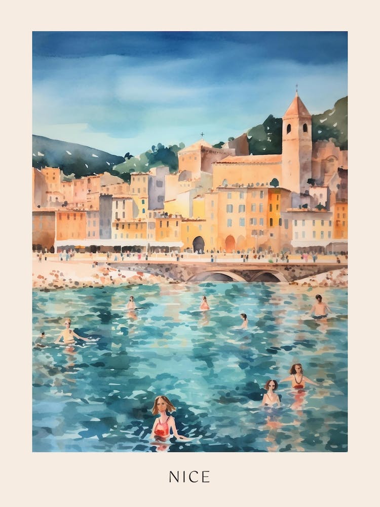 Swimming In Nice France Watercolour Poster