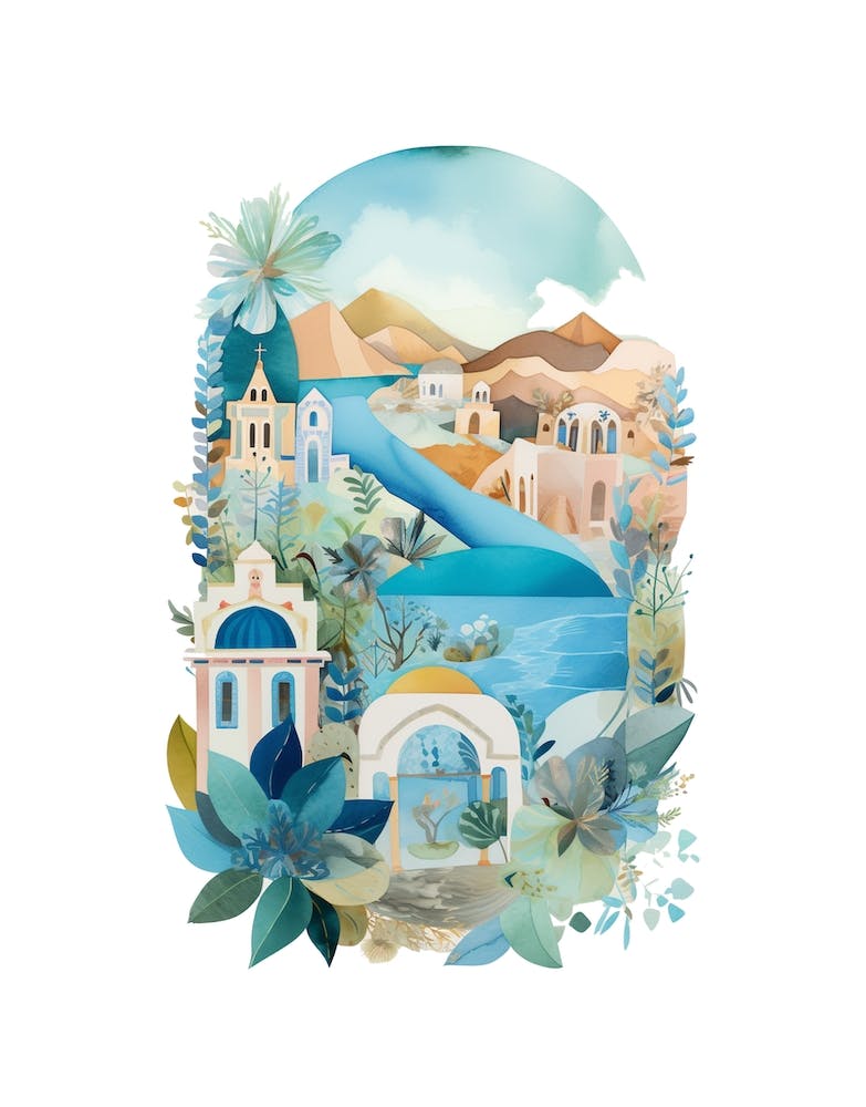 Santorini Cute Watercolour Illustration
