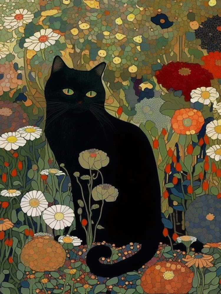 Klimt Style, Black Cat In A Garden