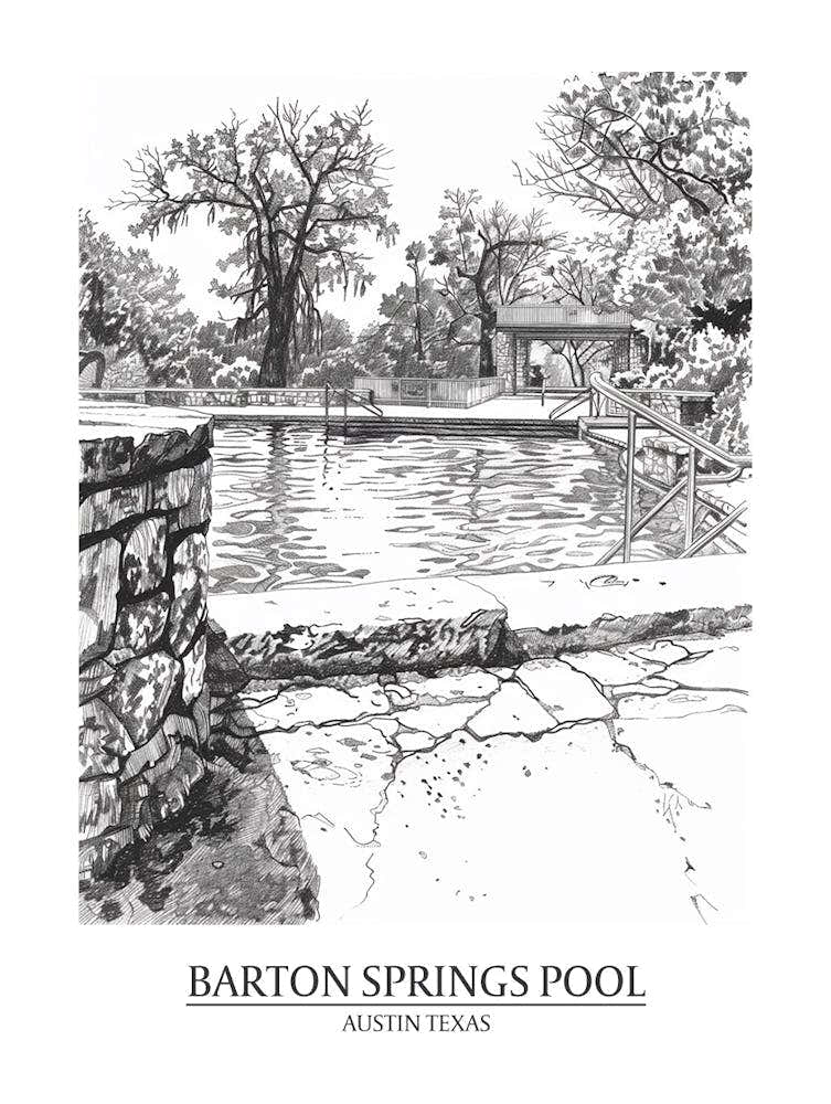 Barton Springs Pool Austin Texas Black And White Drawing 4 Poster