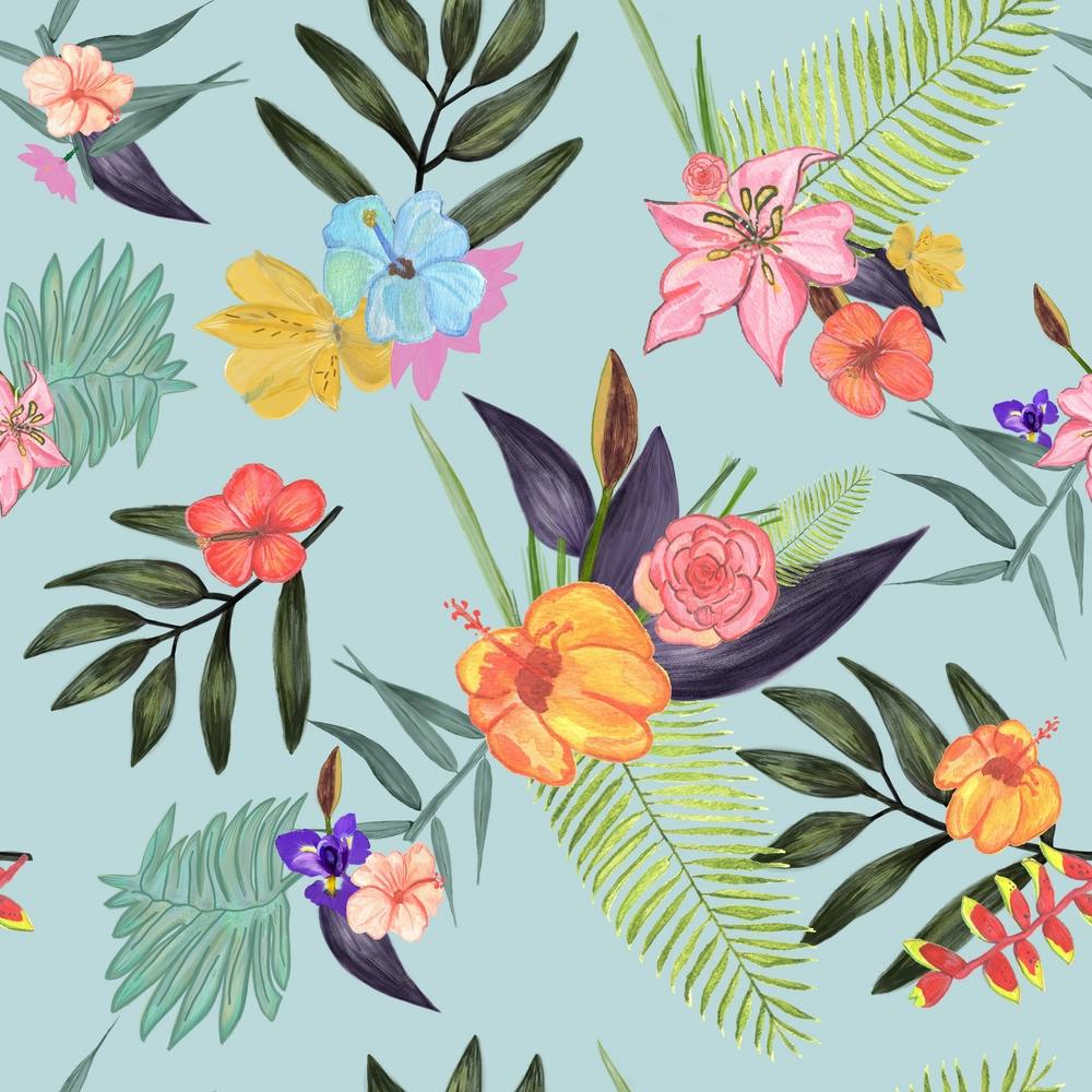 Tropical Brush Watercolor Exotic Flowers Pattern Square