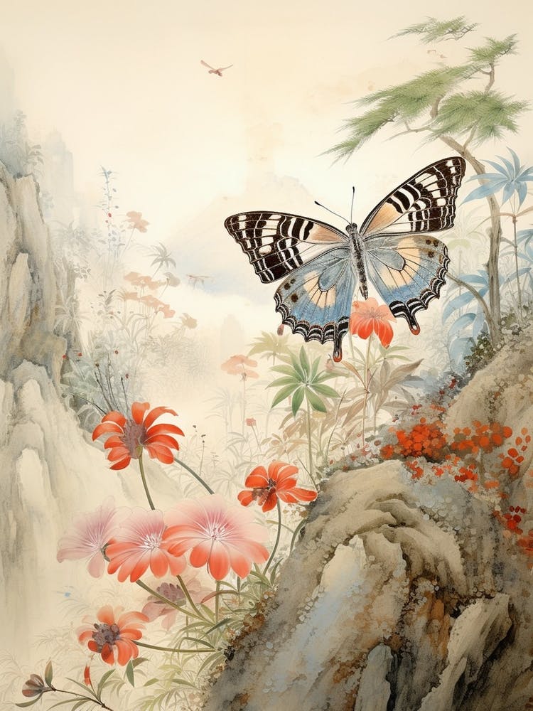 Butterfly With Mountaneous Landscape Japanese Style Painting 3