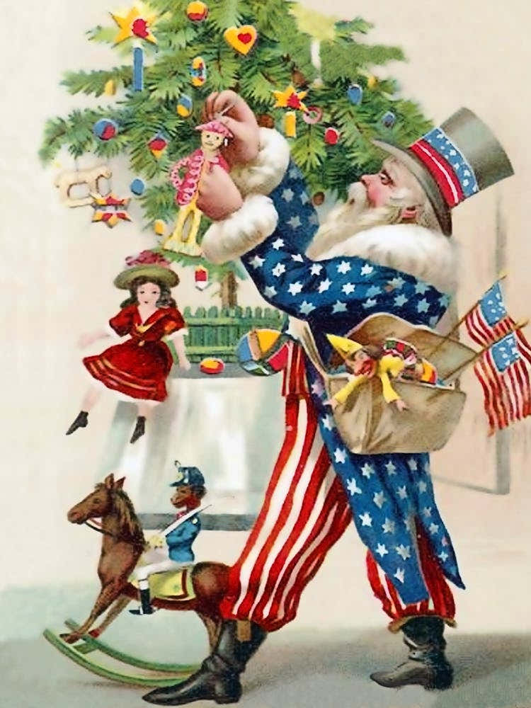 Patriot Santa Decorating A Christmas Tree