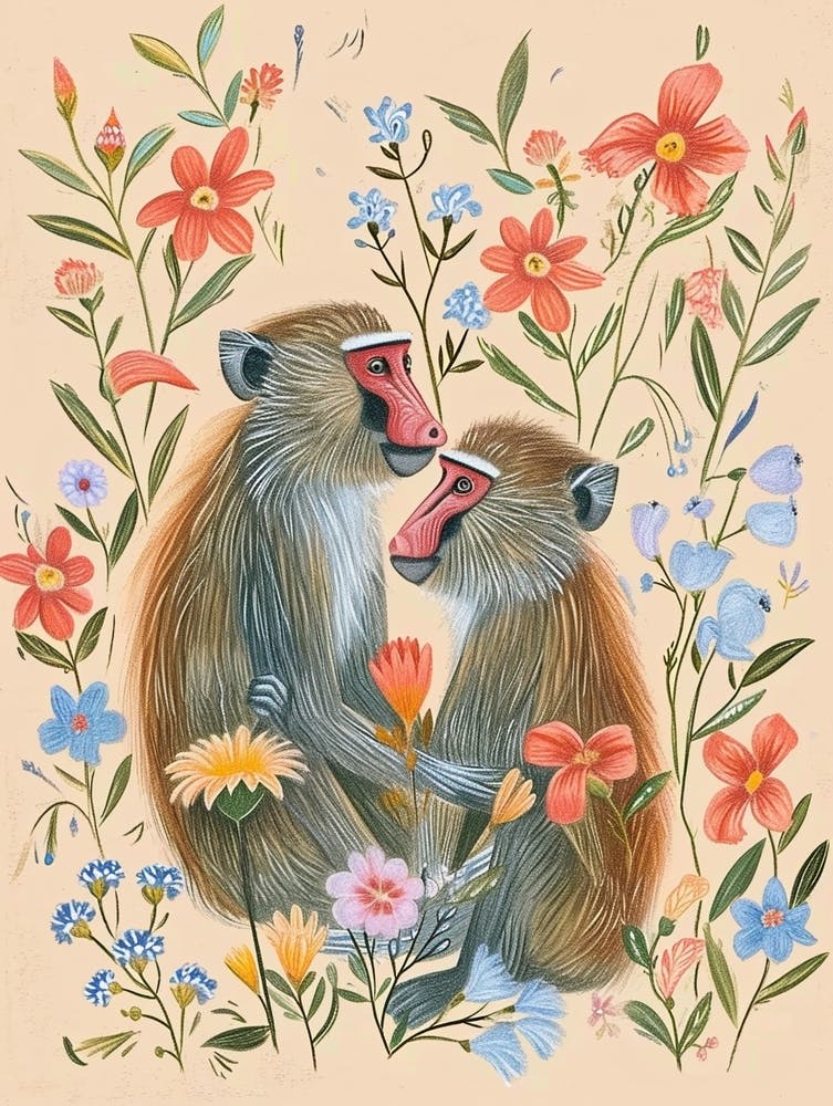 Folksy Floral Animal Drawing Baboon 2