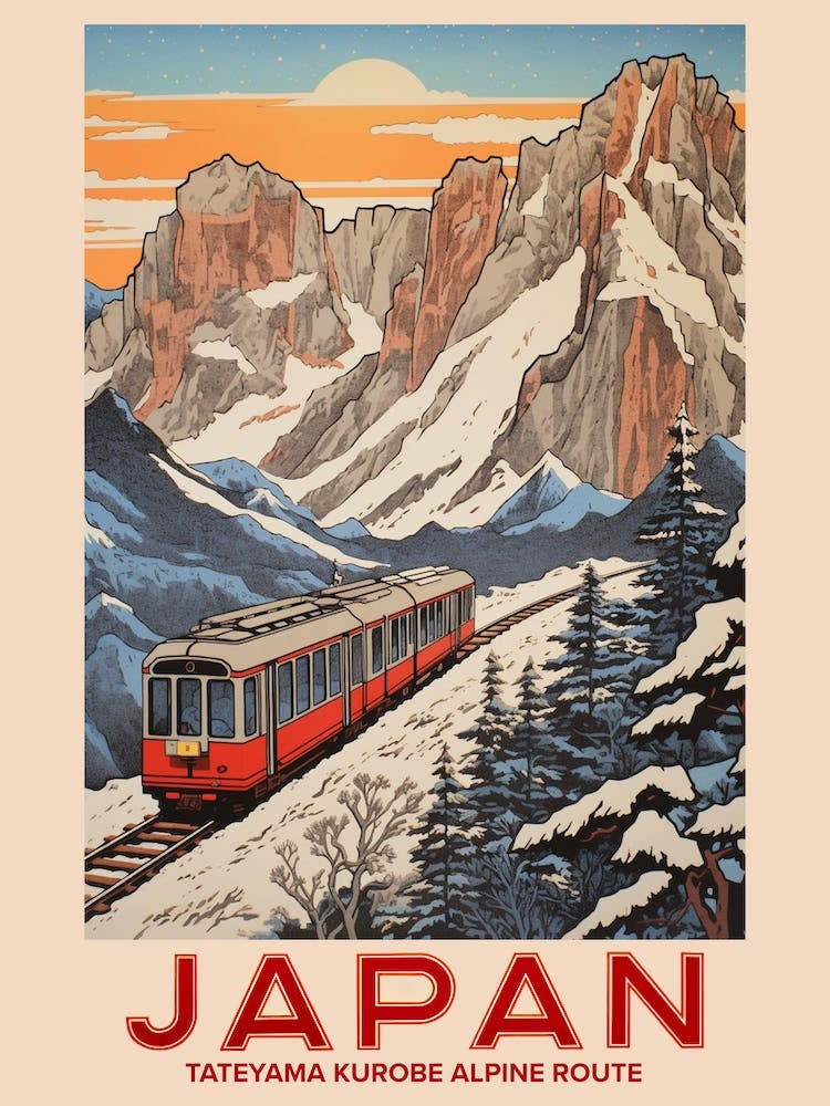 Tateyama Kurobe Alpine Route, Visit Japan Vintage Travel Art 3