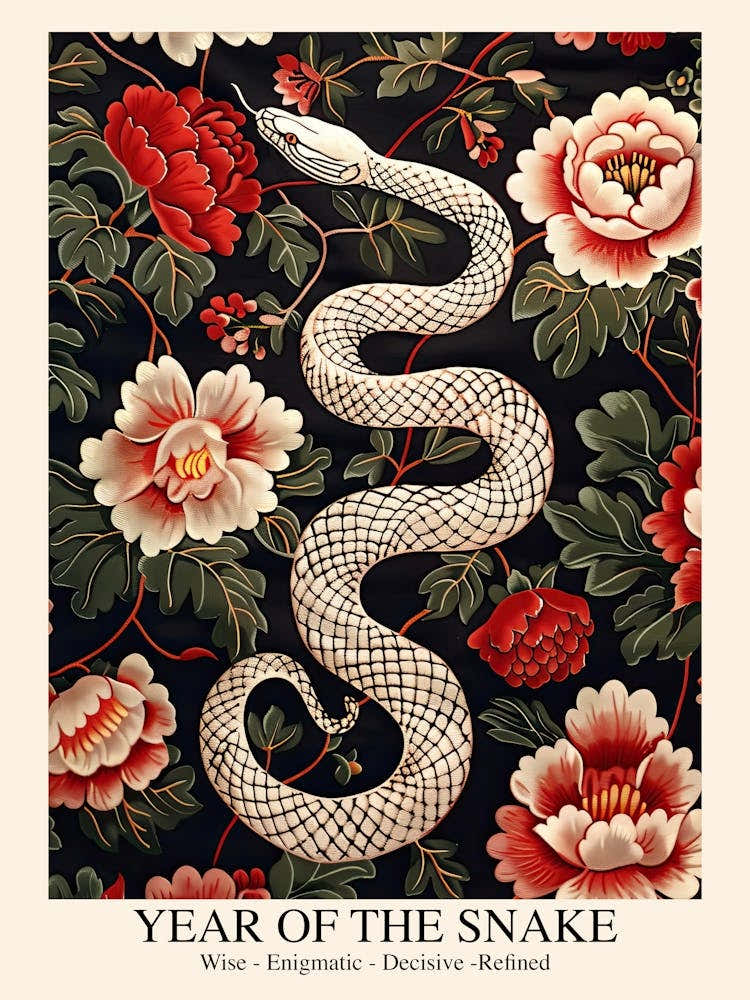 Lunar Year Of The Snake 2025 Wall Poster Framed Snake Art Chinese Zodiac Vintage White
