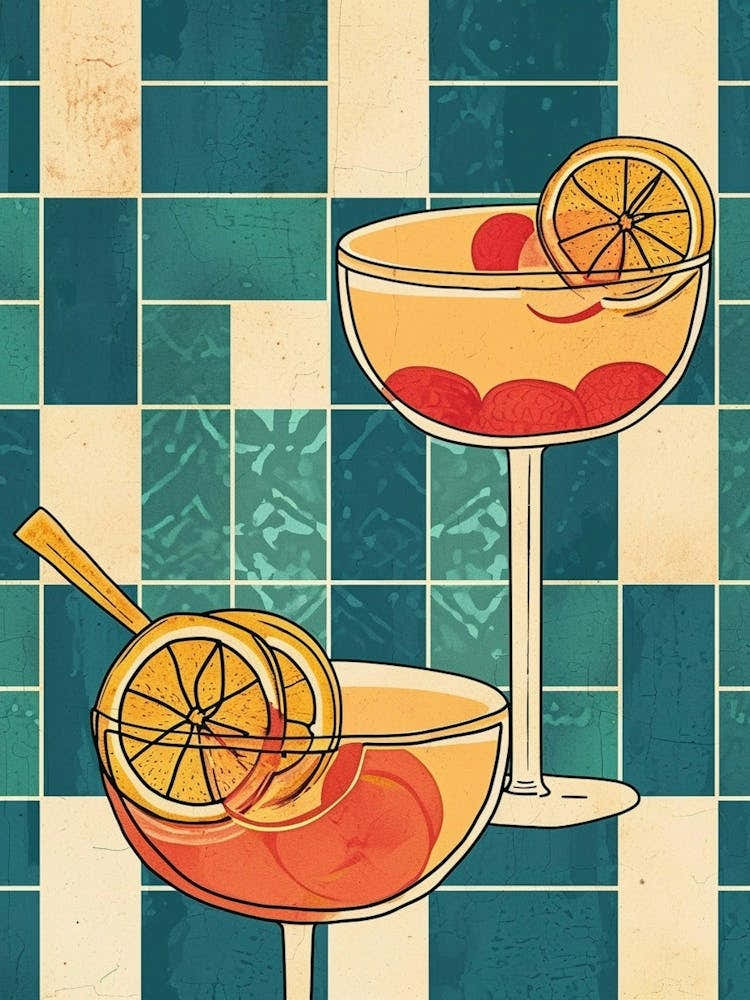 Cocktails On A Blue Tiled Background